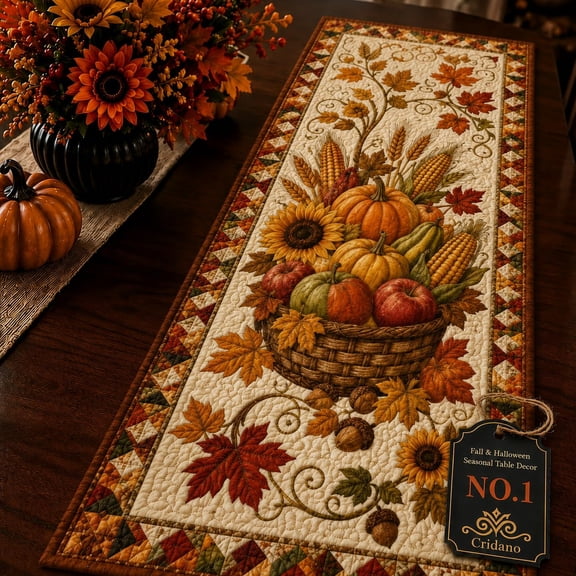 Autumn Quilted Table Runner, Fall Patchwork Table Decor with Pumpkins, Witch Hats and Maple Leaves for Halloween, Thanksgiving and Home Dining