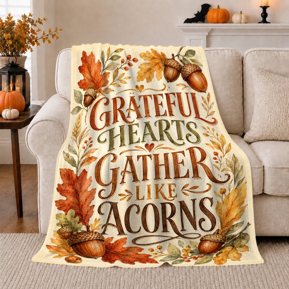 Autumn Quote Acorn Leaves, Cozy Typography Art Scene, Warm Flannel Blanket for Living Room and Reading Nook with Detailed Artwork, Art Lovers Thanksgiving Gift, Artistic Home Decor