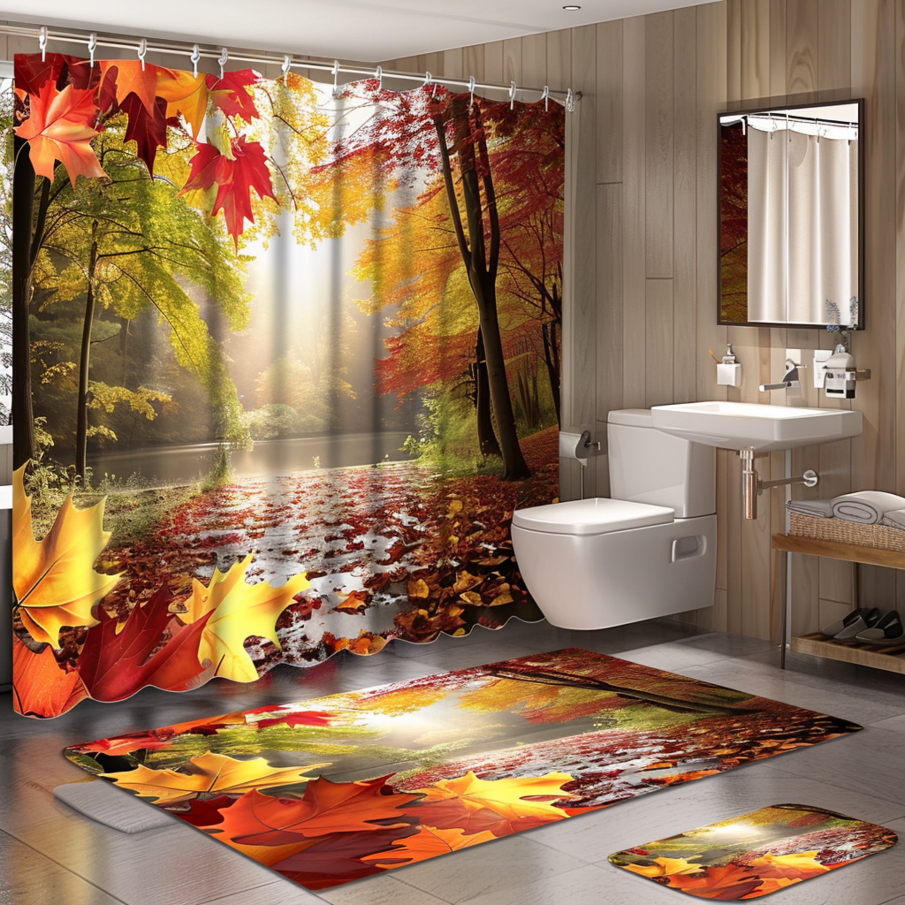 Autumn Rain Bathroom Decor Set Red and Yellow Maple Leaves High