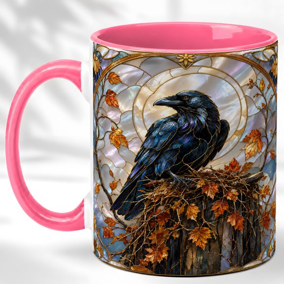 Autumn Raven Coffee Mug, Stained Glass Bird Mug, Ceramic 11 oz