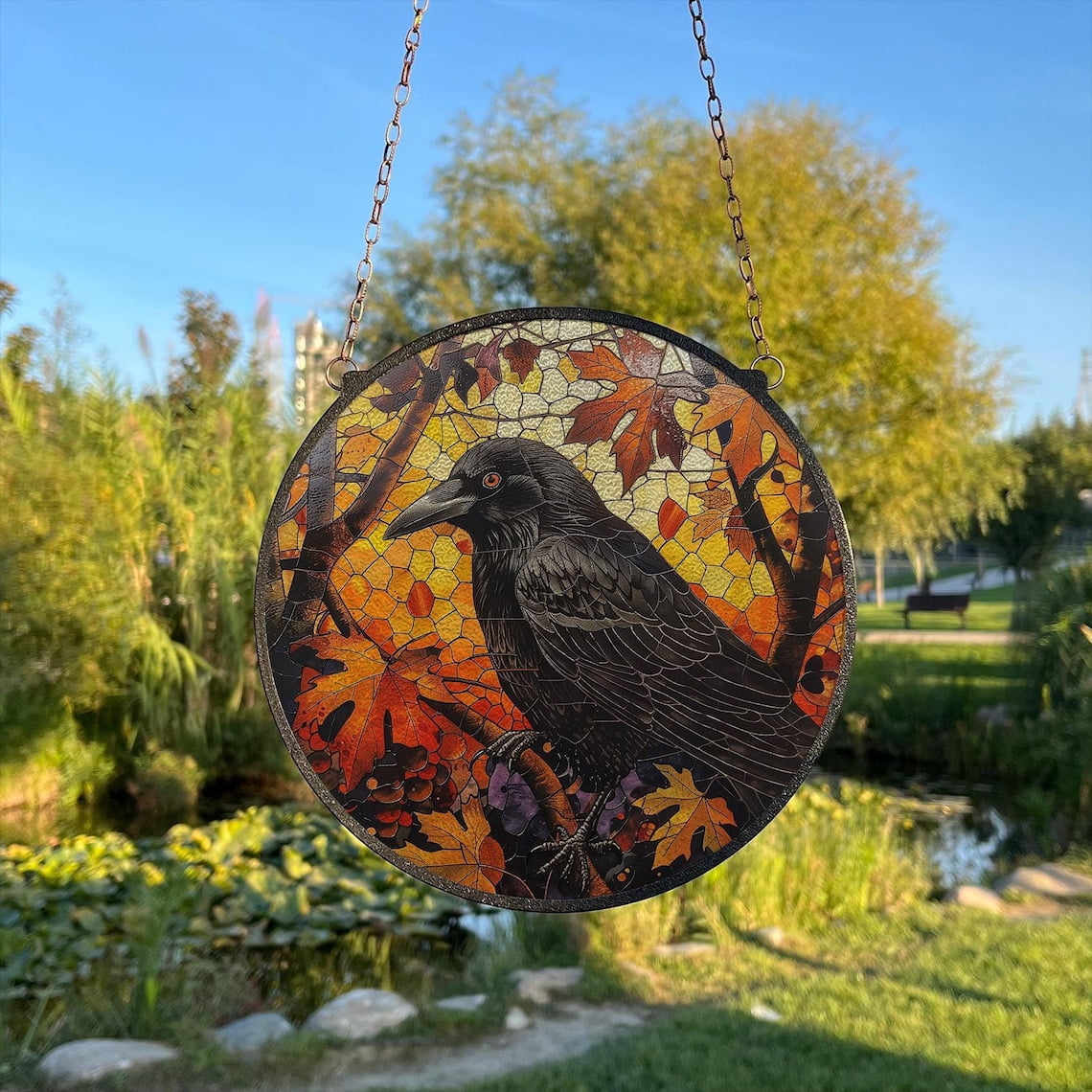 Autumn Raven Glass Suncatcher v6, Gothic Bird Window Art, Fall Season ...