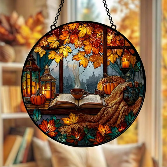 Autumn Reading Nook Acrylic Window Hanging, Warm Autumn Faux Stained Glass Suncatcher, Cottagecore Coffee and Book Lover Gift