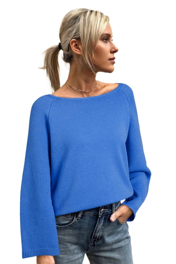 Autumn Ready Women's Sky Blue Bracelet Sleeve Sweater – Stylish Solid Color Knit Top, M
