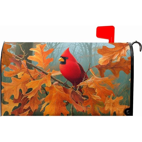 Autumn Red Bird Mailbox Cover Magnetic Standard Size 21x18 Inch Fall Maple Leaves Mailbox Wrap Fall Mailbox Post Cover Decor Holiday Letter Box Wraps for Home Outdoor Outside Garden Yard