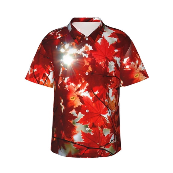 Autumn Red Leaves Of Maple Hawaiian Shirts For Men, Summer Short-Sleeve Relaxed-Fit Button-Down Shirts Small