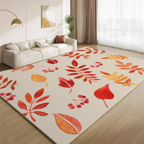 Autumn Red Leaves Rug 4x5 Area Rugs Minimalist Plant Leaves Rugs Ultra Soft Non Slip Washable Carpet for Living Room Bedroom Study Office Hallway