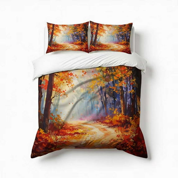 Autumn Red Maple Forest Bedding Set 3 Pcs Soft Microfiber Quilt Cover For Bedroom Decor, Comforter Cover With 2 Pillowcase