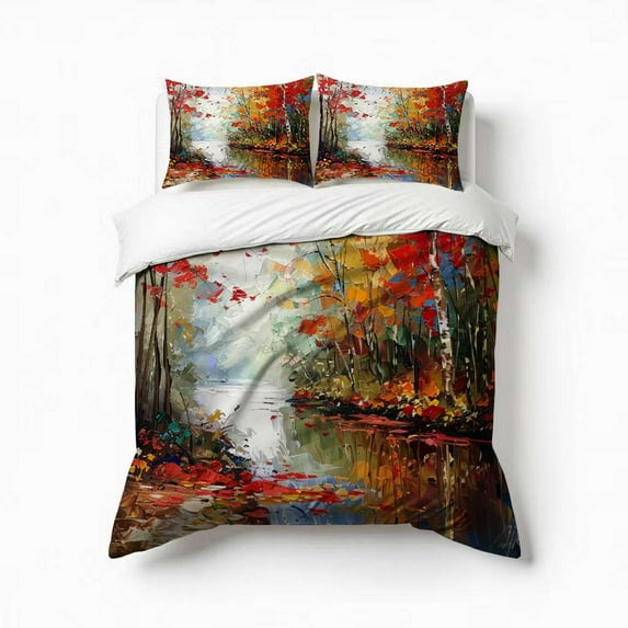 Autumn Red Maple Forest Bedding Set 3 Pcs Soft Microfiber Quilt Cover For Bedroom Decor, Comforter Cover With 2 Pillowcase