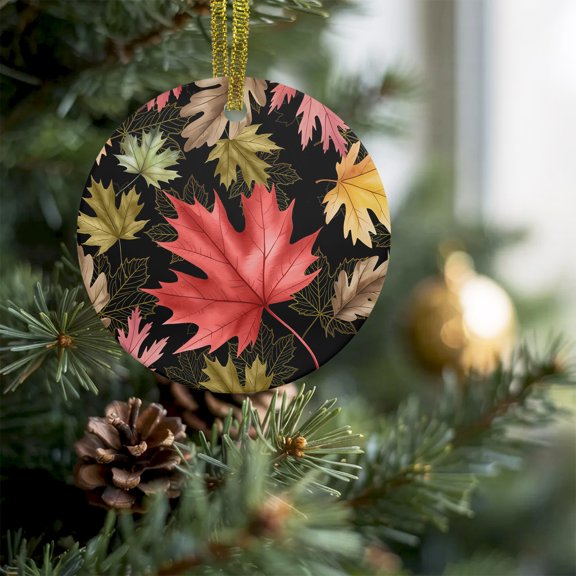 Autumn Red Maple Leaves Watercolor Christmas Ceramic Ornament 2026,3" Round Xmas Tree Hanging Accessories with Gold Ribbon,Gold Sketch Leaf Art Pendant Ornaments for Holiday Gift Home Party Decor