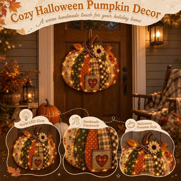 Autumn Retro Patchwork Pumpkin Door Hanging with Lights