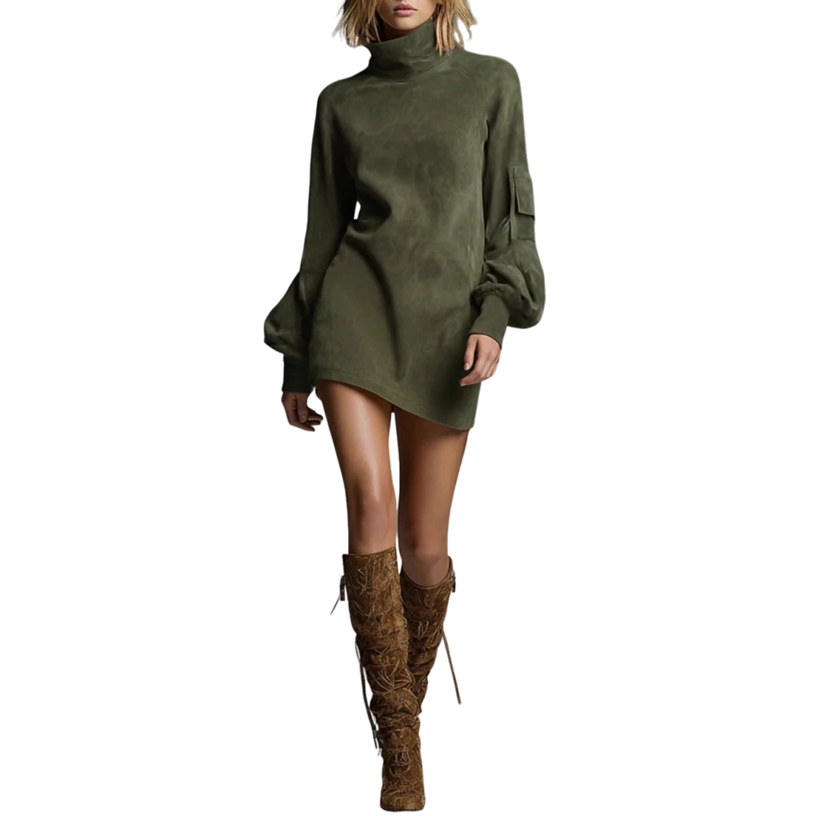 Women's Vintage Loose Suede Turtleneck Mini Dress main image 1