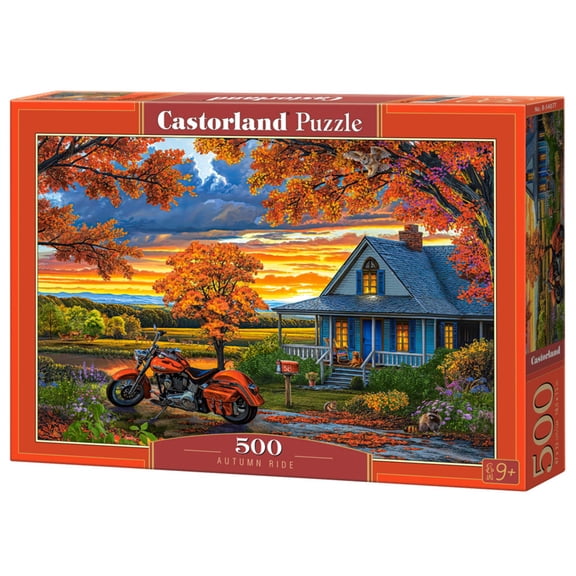 500 Piece Jigsaw Puzzle, Autumn Ride, Motorcycle and a sky ablaze with sunset colors, Classic America, Adult Puzzle, Castorland B-54077