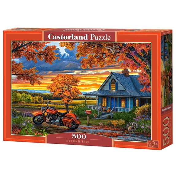 500 Piece Jigsaw Puzzle, Autumn Ride, Motorcycle and a sky ablaze with sunset colors, Classic America, Adult Puzzle, Castorland B-54077