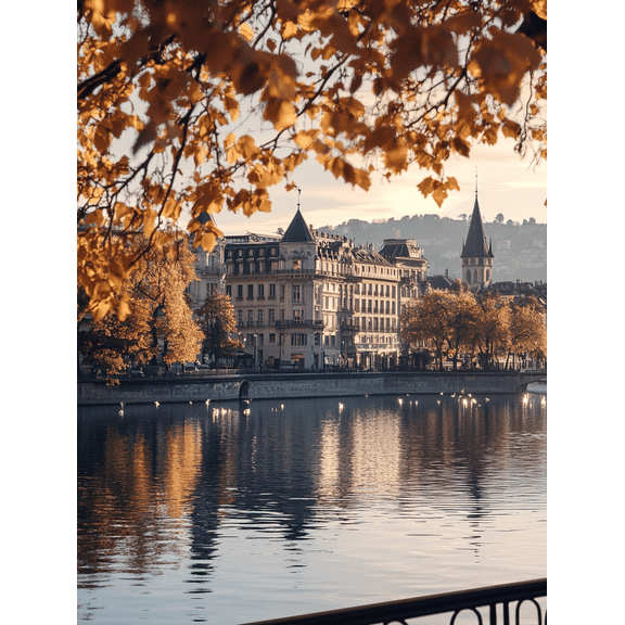 Autumn River Cityscape Canvas Wall Art/Decorative Painting Suitable for Living Room Bedroom Office Hotel and Restaurant Decoration.