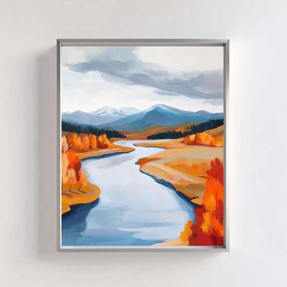 Autumn River Landscape Print Rustic Fall Mountain Scene Decor, Stretched Canvas 12x16in