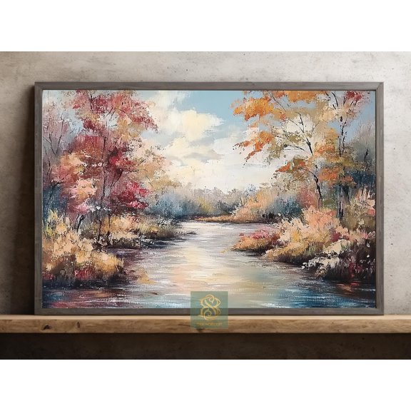 Autumn River Scene Forest Stream Fall Nature Woodland Nursery Poster , Poster Print Only