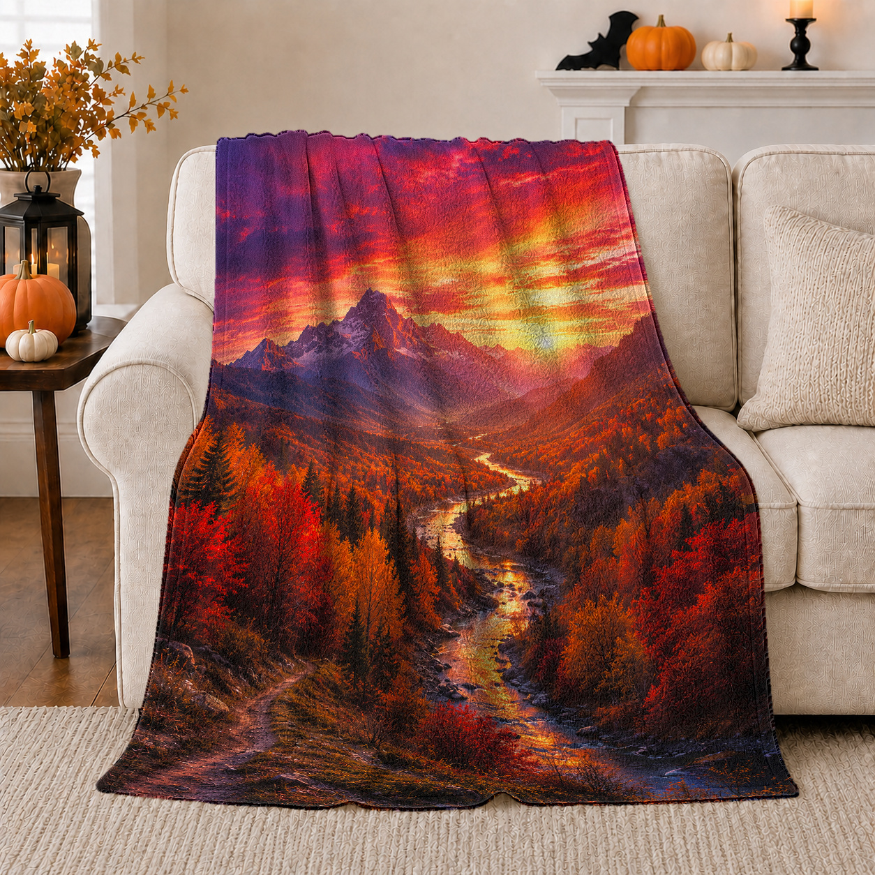 Autumn River Valley With Purple Mountains And Sunset Sky Scenic 