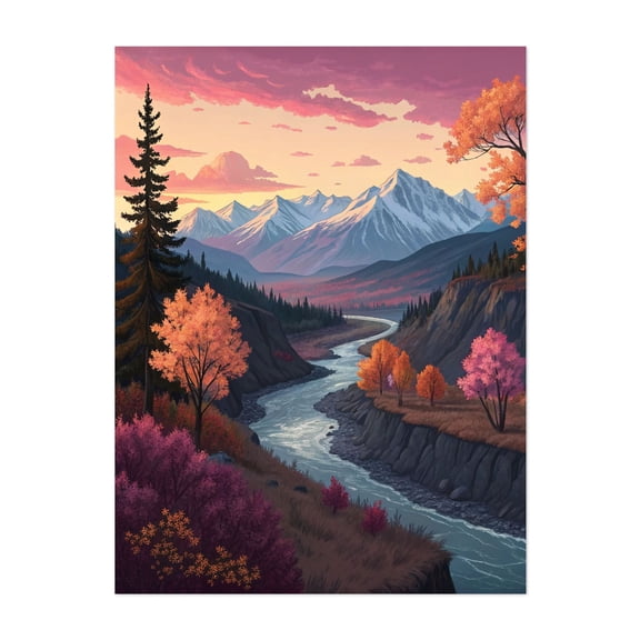 Autumn River Valley at Sunset - Painting Landscape Autumn Nature Mountain Scenic Forest Unframed Wall Art Print 5 x 7 inches