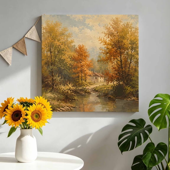 Autumn Riverside Canvas Wall Art, Rustic River Stream Orange Ochre Tree Woodland Framed Canvas Wall Decor Picture Print Artwork Decorations for Living Room Office Ready to Hang 8" x 8"