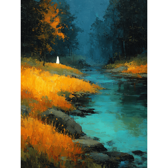 Autumn Riverside Ghost Tranquil Landscape Canvas Spooky Halloween Home Bedroom Wall Decor