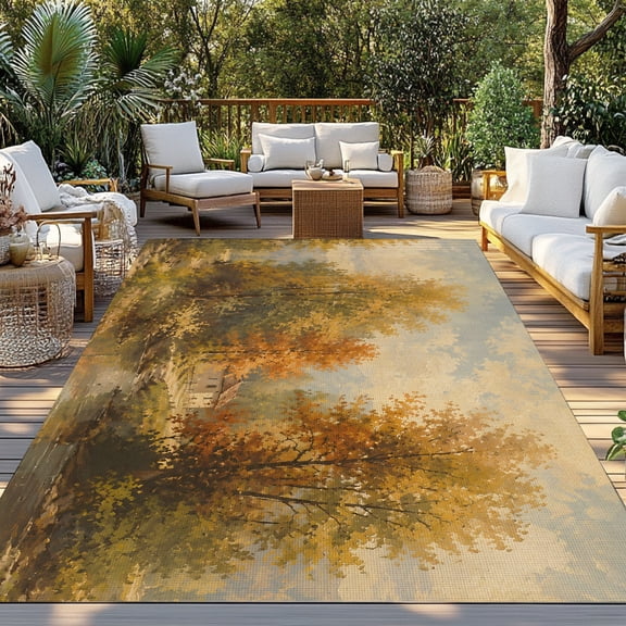 Autumn Riverside Indoor Outdoor Rugs 4x6 Ft, Rustic River Stream Orange Ochre Tree Woodland Outdoor Patio Rug Mat Washable Outside Area Rugs Carpet for Porch Deck RV Camping Pool Balcony Backyard