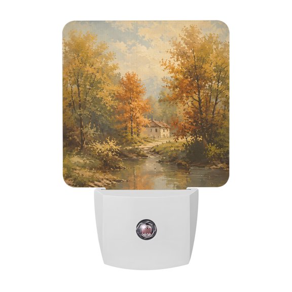 Autumn Riverside Night Light, Rustic River Stream Orange Ochre Tree Woodland Plug in Night Lights with Dusk to Dawn Sensor, Energy Saving Yellow LED Nightlight for Bedroom Bathroom, Auto On/Off