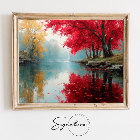 Autumn Riverside, Vibrant Red and Yellow Trees, Tranquil Water Scene, Fall Landscape, Rustic Wall Art Decor 4026 Unframed Paper Print