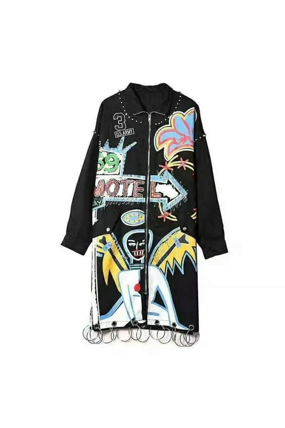 Autumn Rivets Graffiti Print Trench Coat