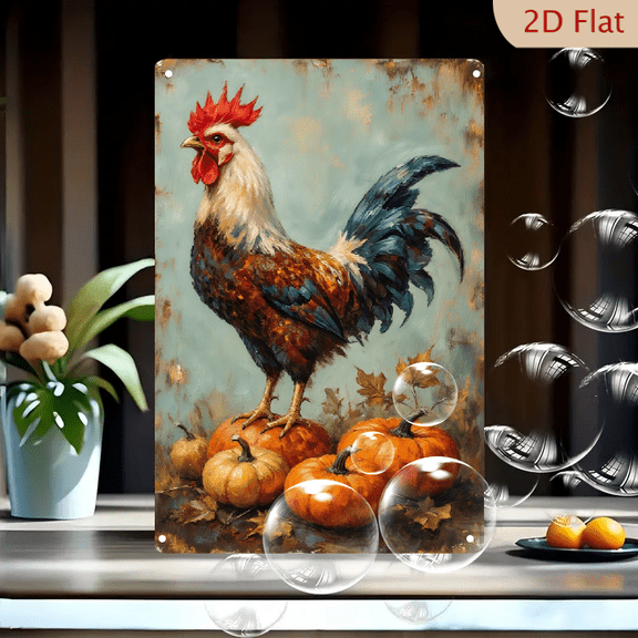 Autumn Rooster on Pumpkins, Vibrant Painterly Farmhouse Wall Art Print, Rustic Harvest Season Decor for Kitchen Living Room, 8x12 Inches Metal Tin Sign