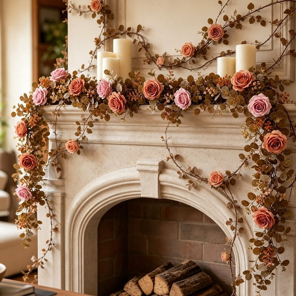 Autumn Rose Maple Leaf Artificial Hanging Garland, Fade Resistant Low Upkeep Bendable DIY Custom Layout Long Lasting Foliage, Arch Fence Accent for Halloween Wedding Year Round Home Decoration