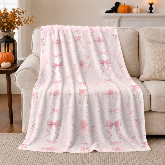 Autumn Rose Ribbon Bow Decorative, Cozy Botanical Garden Scene, Warm Flannel Blanket for Sunroom and Reading Nook, Garden Lovers Thanksgiving Gift, Artistic Home Decor