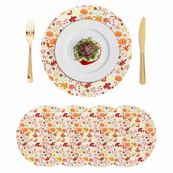 Autumn, Round 15 Inch Placemats Set of 4, Fall Pumpkins Maple Leaves Cartoon Art Decor HeatResistant Non Slip Place Mats for Dining Table, Wipeable Braided Kitchen Table Mats for Housewarming