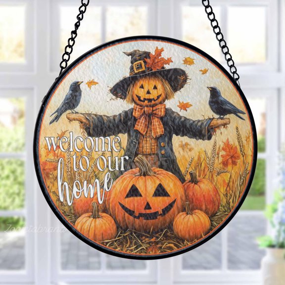 Halloween Scarecrow Stained Glass Suncatcher Metal Outdoor Decor Autumn Harvest Farmhouse Orange Black