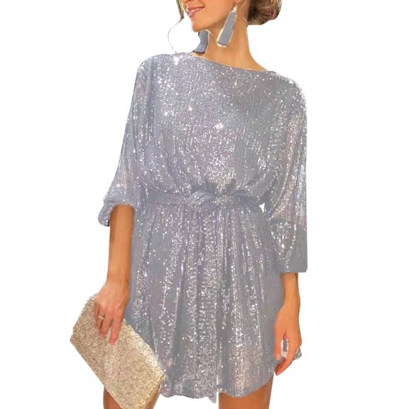 Autumn Round Neck Dress for Women Puff Long Sleeve Solid Color Glitter Sequins Belted Loose Fit Short Dresses