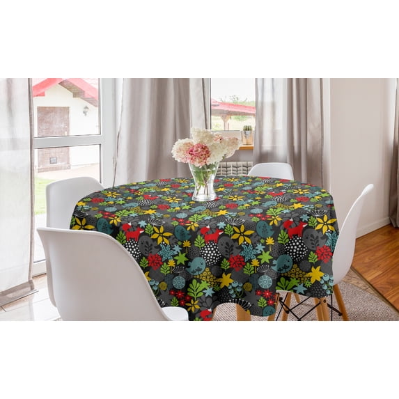 Autumn Round Tablecloth, Fox Forest Friends Leaves Dotted Art Floral, Circle Table Cloth Cover for Dining Room Kitchen Decor, 60", Multicolor, by Ambesonne