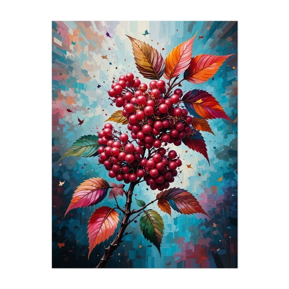 Autumn Rowan Berries - Painting Botanical Floral Modern Art Surrealism Fruit Geometric Nature Unframed Wall Art Print 5 x 7 inches