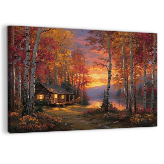 Autumn Rustic Landscape Canvas Wall Art, Vintage Oil Painting Country Farmhouse Forest Stream Nature Scenery Art Print, Fall Home Wall Decor, Multiple Sizes Available