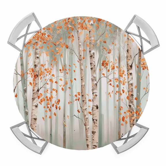 Autumn Rustic Orange Tree Fitted Tablecloth for 36-44in Round Tables,Waterproof Table Cover,Forest Botanical Oil Painting Art Elastic Edge Table Cloths for Dining Kitchen Holiday Party Decor