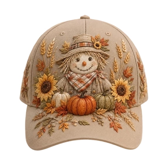 Autumn Scarecrow Baseball Cap Fall Pumpkin Sunflower Printed Hat Adjustable Casual Peaked Cap For Outdoor Gardening Camping Daily Wear(Brown-55~60cm)