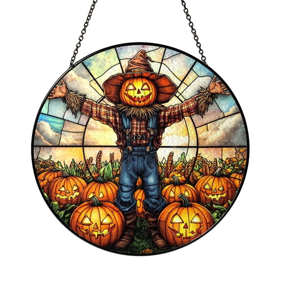 Autumn Scarecrow Pumpkin Patch Stained Glass Style Suncatcher Window Hanging Decor, Harvest Decorative Glass Panel Art Window Ornament Seasonal Decor