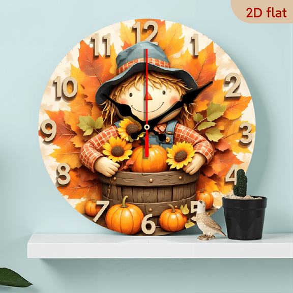 Autumn Scarecrow Wall Clock, Harvest-Themed Design with Pumpkins & Sunflowers, Cozy Fall Decor for Kitchen & Porch, Festive Timepiece for Thanksgiving & Seasonal Enthusiasts