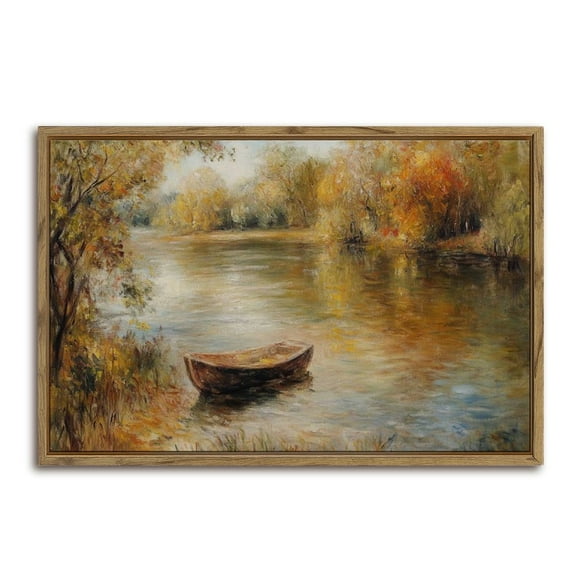 Autumn Scenery River Boat Horizontal Canvas Wall Art with Lightweight Foam Frame - Durable and Ready to Hang, Modern Decorative Print for Living Room, Bedroom, Or Office