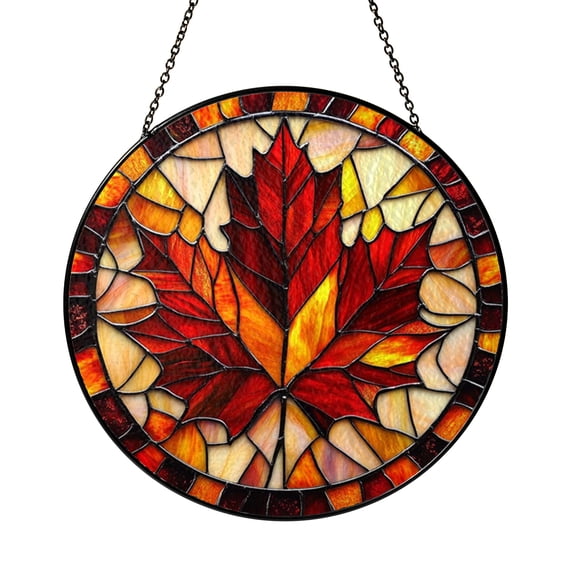 Autumn Season Maple Leaf Stained Glass Window Panel, Cozy Fall Nature Inspired Decor