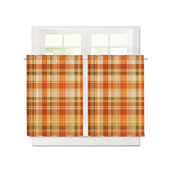 Autumn Season Orange Plaid Short Blackout Curtains 36 Inch Long,Thanksgiving Theme Check Rod Pocket Kitchen Curtains,2 Panels Thermal Insulated Room Darkening Drapes for Bedroom,30"Wx36"L
