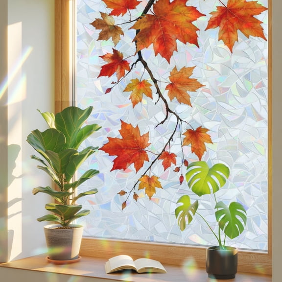 Autumn Season Rainbow Window Privacy Film, Fall Botanical Red Maple Leaves Orange Leaves Stained Glass Window Film, Sun Blocking Static Cling Non Adhesive Door Stickers 17.7 x 39.3 Inches