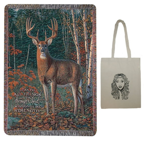 Autumn Sentinel Deer 50" x 60" Inspirational Tapestry Throw Blanket & Angel Tote, Friendship, Religious, Sympathy, Memorial, Bereavement