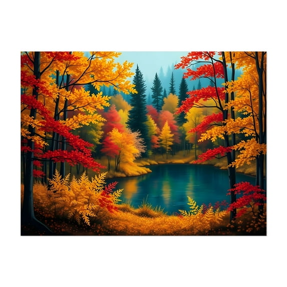 Autumn Serenade by the Lake - Painting Autumn Landscape Nature Forest Scenic Lake Woods Unframed Wall Art Print 6 x 8 inches