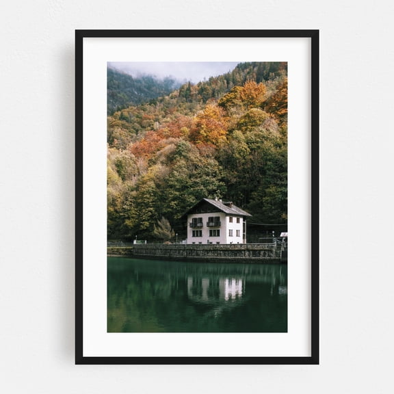 Autumn Serenity - Aosta Valley Italy Photography Autumn Lake Mountain Woodland Scenic Black Framed Wall Art Print 20 x 30 inches
