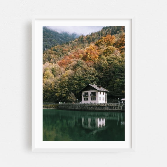 Autumn Serenity - Aosta Valley Italy Photography Autumn Lake Mountain Woodland Scenic White Framed Wall Art Print 16 x 20 inches
