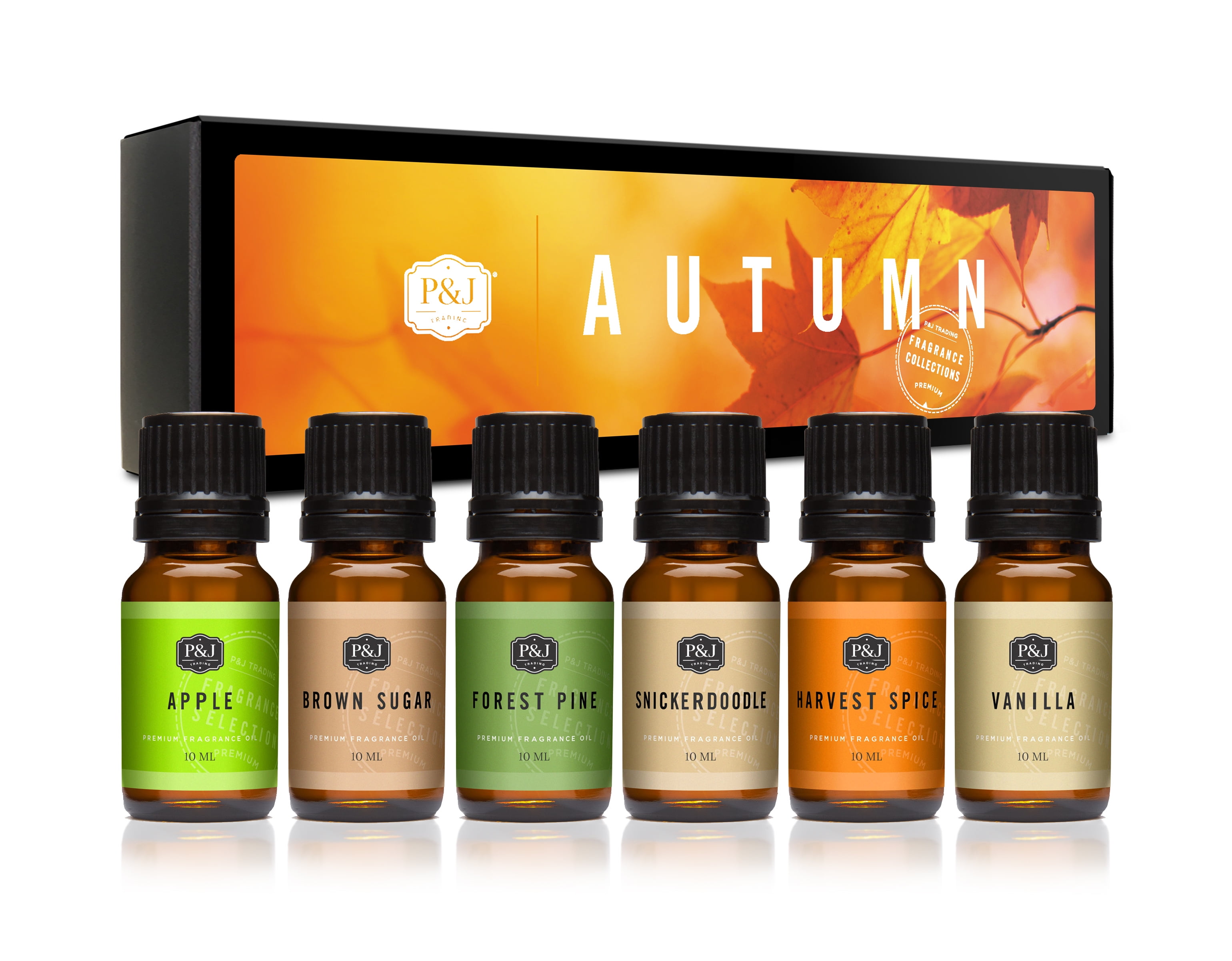 P&J Autumn Set of 6 Fragrance Oils - Premium Grade Scented Oil - 10ml - Brown Sugar, Apple, Harvest Spice, Vanilla, Forest Pine, Snickerdoodle